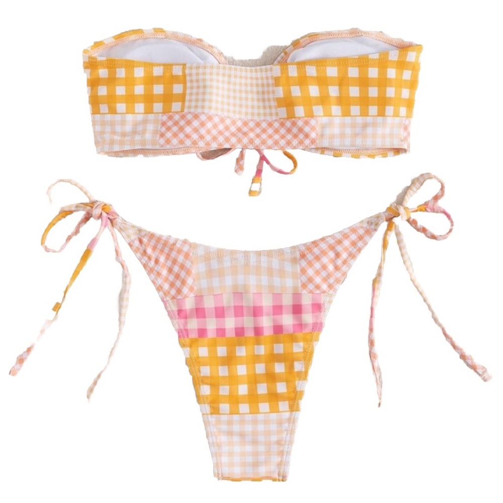 Bandeau bikini set plaid drawstring size Medium New - Picture 2 of 4